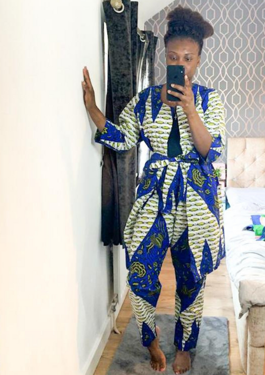 The Malika 2 Piece Ankara Trouser Pants and Jacket Set in Cream