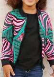 Pink and turquoise African print bomber jacket for girls.
