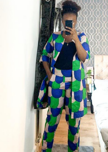 The Malika 2 Piece Ankara Trouser Pants and Jacket Set in Green