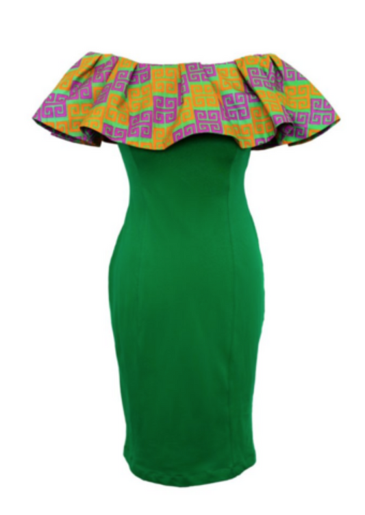 A green bodycon dress, The Dami contours to your body, the midi length making it perfect for wearing as a casual or smart outfit. The Bardot dress is made up of the green bodycon bottom layer and a yellow and pink African print top piece to make a super stylish off shoulder dress.