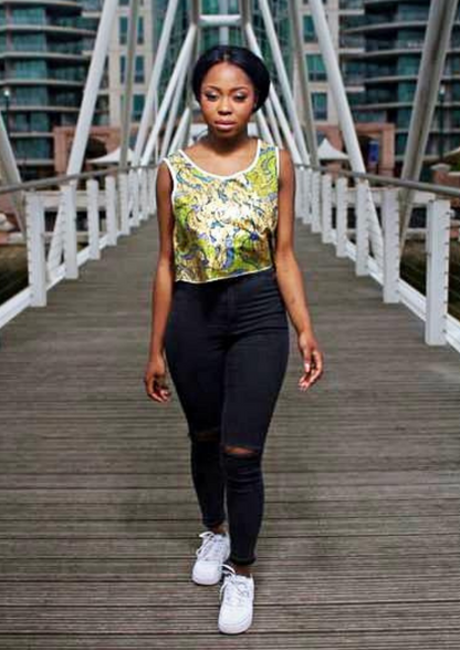 Green and Gold African Print Crop Top. Sleeveless Crop Top with Round Neck.