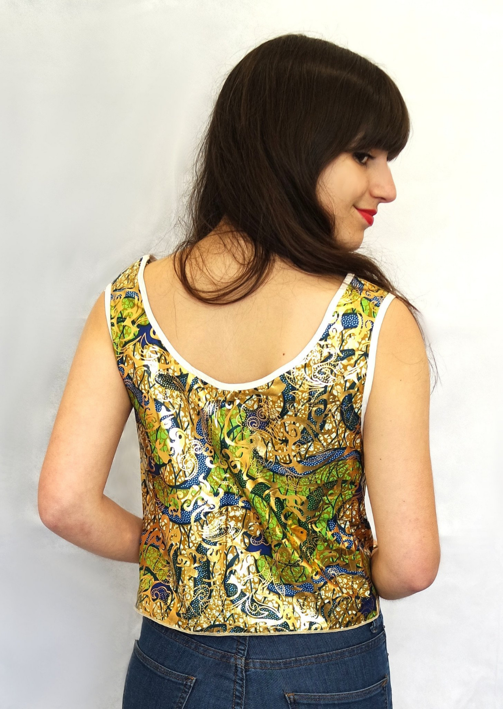 Green and Gold African Print Crop Top. Sleeveless Crop Top with Round Neck.
