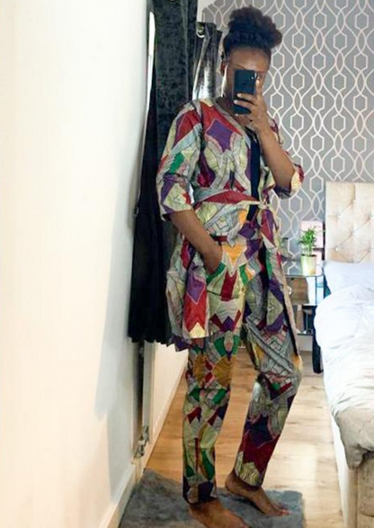 The Malika 2 Piece Ankara Trouser Pants and Jacket Set in Grey