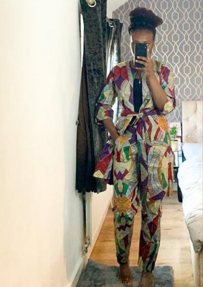 The Malika 2 Piece Ankara Trouser Pants and Jacket Set in Grey