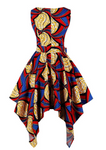 The Abi is a red and blue high low dress that can also be worn as a dress top over leggings. The asymmetric dress has a zip up the back, and is a sleeveless dress and a round neck dress. The Ankara Style African dress can be dressed up or down for any occasion.