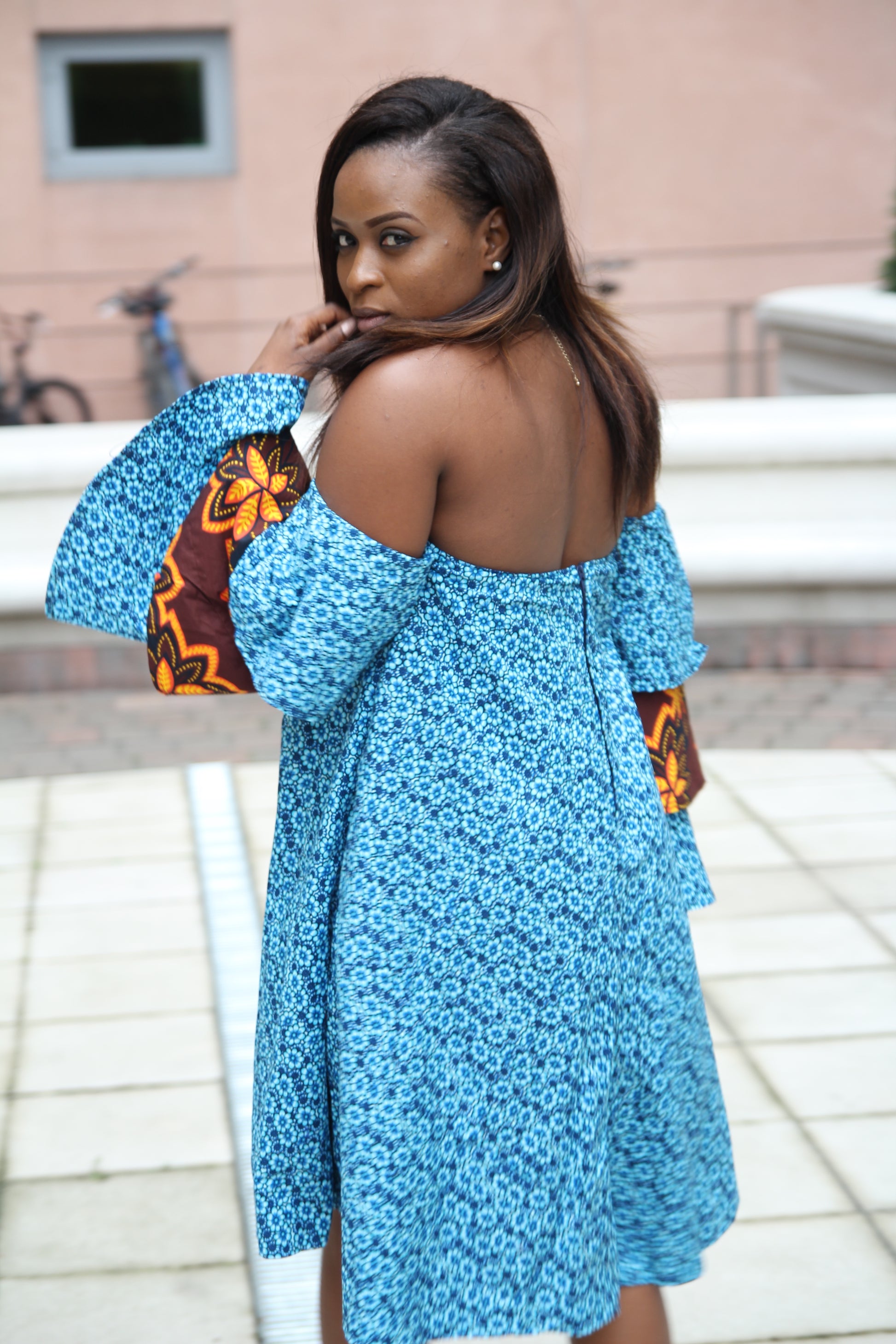 Blue Off Shoulder African Print Midi Dress - Eldimaa Fashion