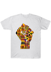 The Kente Black Lives Matter t-shirt is a white t-shirt with a kente print raised fist graphic on the front. The round-neck t-shirt with short sleeves is 100% cotton blend and machine washable. The men's t-shirt is custom made so please allow 2 weeks to ship.