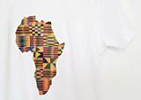 Kente map of Africa graphic on the centre of a white short sleeve v-neck t-shirt for men.