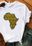 White short sleeve t-shirt with kente map of Africa graphic in the centre. This women's white t-shirt is the ideal summer top.