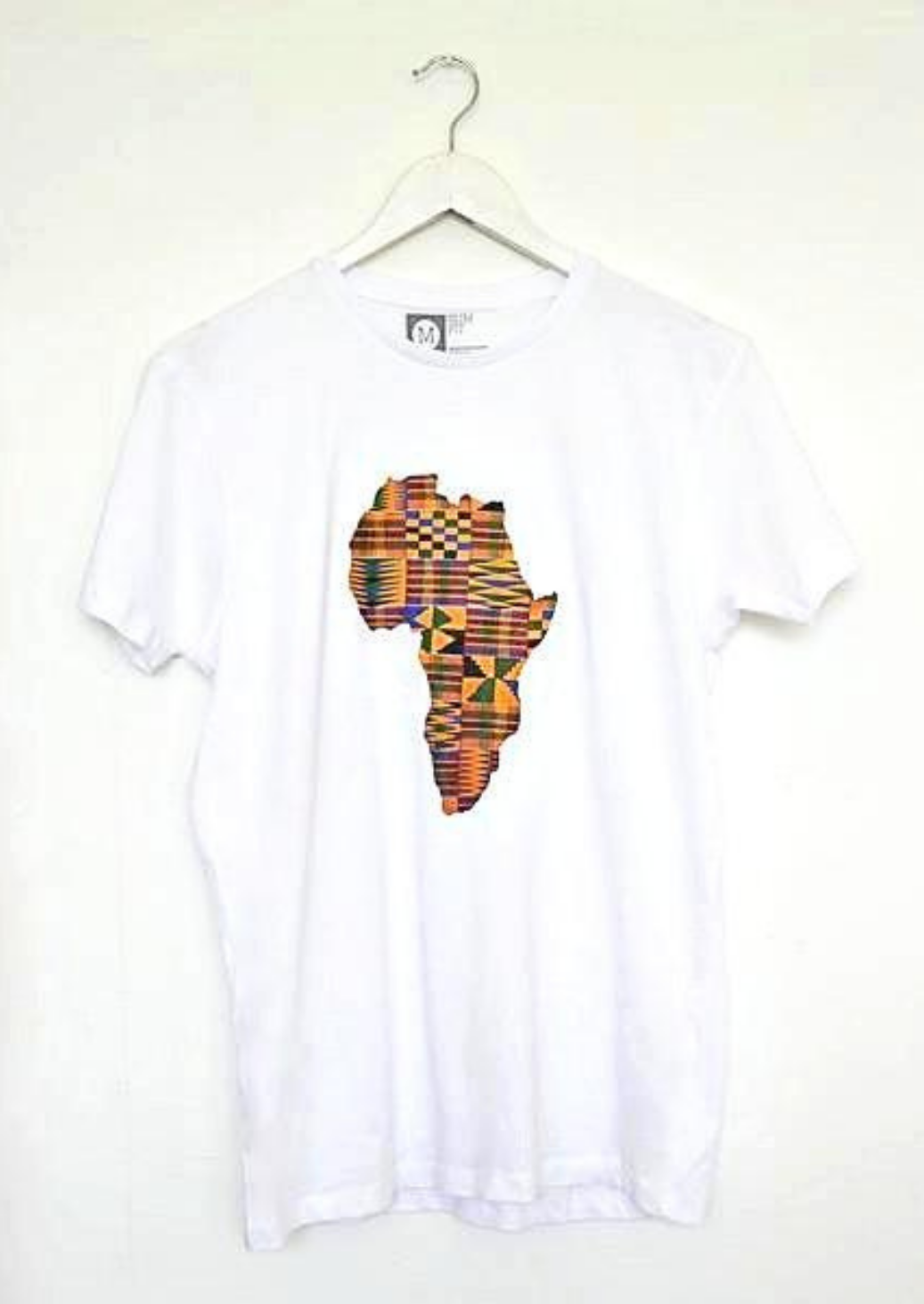 Kente map of Africa graphic on the centre of a white short sleeve v-neck t-shirt for men.