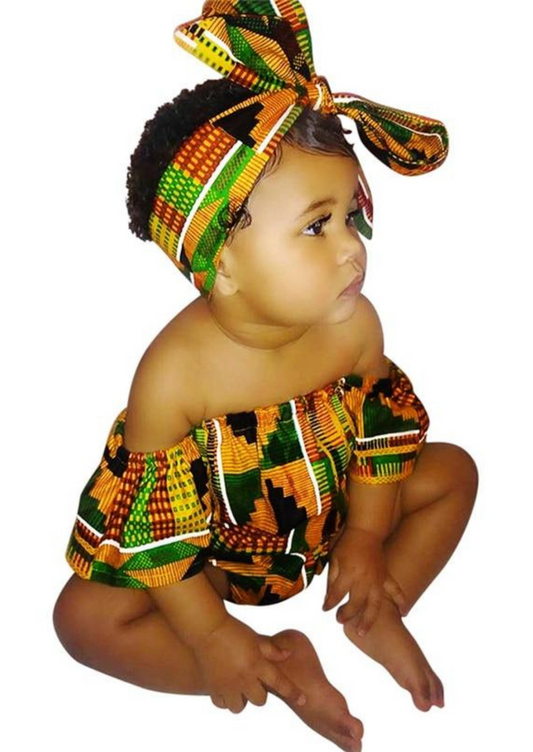 A kente print bodysuit for babies with pleated sleeves and matching headband.