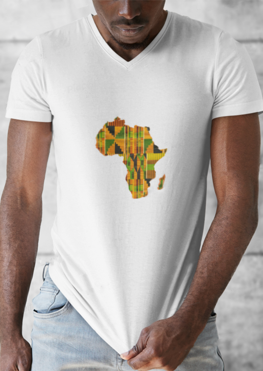 Kente map of Africa graphic on the centre of a white short sleeve v-neck t-shirt for men.