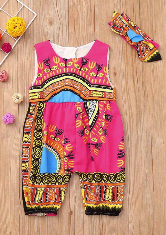 Pink African print jumpsuit for babies and matching headband.