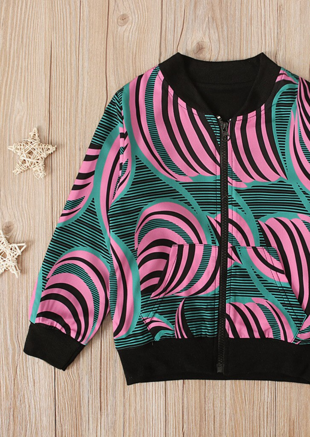 Pink and turquoise African print bomber jacket for girls.