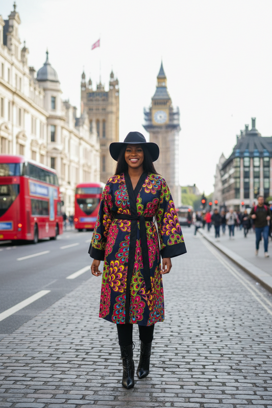 African print kimono for women with feathered patterning motif in pink, yellow, green and blue.