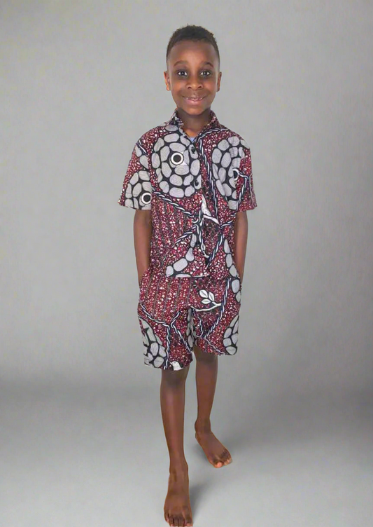 The Edet Boys Ankara African Print Shirt and Shorts 2 Piece in Burgundy