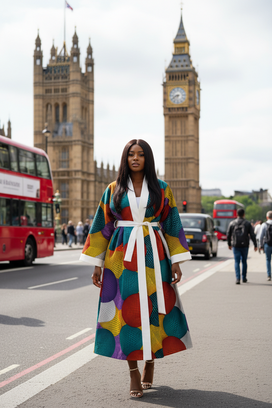 Multicoloured African print kimono for women. The kimono is lined and has a belt.