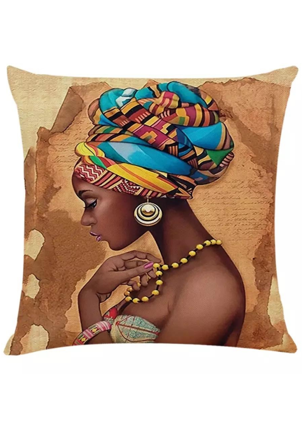The Adah is an African inspired decorative cushion, the African homeware featuring a graphic of an African woman wearing a colourful kente print headwrap. Ideal for use as a sofa cushion or chair cushion, the African inspired decor is made from knitted cotton, making the knitted cushion cover perfect for snuggling into.