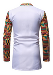 White button up men's shirt with African print detailing. The Lekan in white comprises of a white shirt, enhanced by kente print sleeves, collar and pocket.