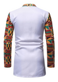 White button up men's shirt with African print detailing. The Lekan in white comprises of a white shirt, enhanced by kente print sleeves, collar and pocket.