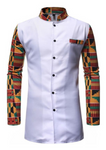 White button up men's shirt with African print detailing. The Lekan in white comprises of a white shirt, enhanced by kente print sleeves, collar and pocket.