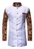 White button up men's shirt with African print detailing. The Lekan in white comprises of a white shirt, enhanced by kente print sleeves, collar and pocket.