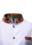 White button up men's shirt with African print detailing. The Lekan in white comprises of a white shirt, enhanced by kente print sleeves, collar and pocket.