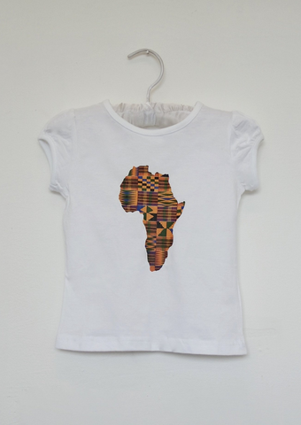 Part of our African kids clothes range, The Anika is a white girls top with a kente print map of Africa in the centre. The short sleeve t shirt is the perfect girls summer top.