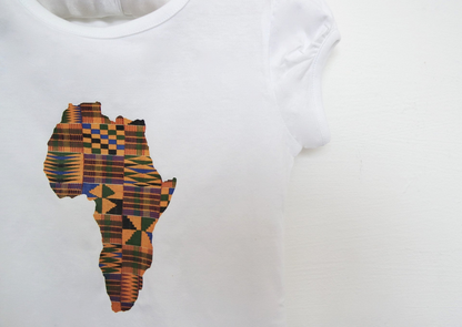 Part of our African kids clothes range, The Anika is a white girls top with a kente print map of Africa in the centre. The short sleeve t shirt is the perfect girls summer top.