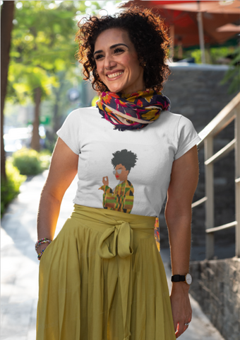 Women's white short sleeve t-shirt with graphic of woman wearing African print.