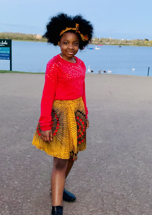 Yellow African Print A-Line Girls Skirt and Matching Headband.