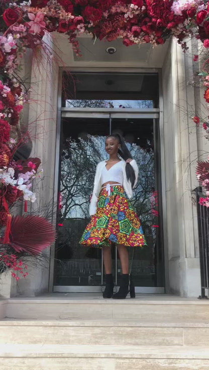 The Folu Ankara African Print Midi Flared Gathered Skirt in Green by Eldimaa Fashion
