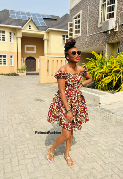 The Rika Ankara African Print Off Shoulder Bardot Dress  in Red