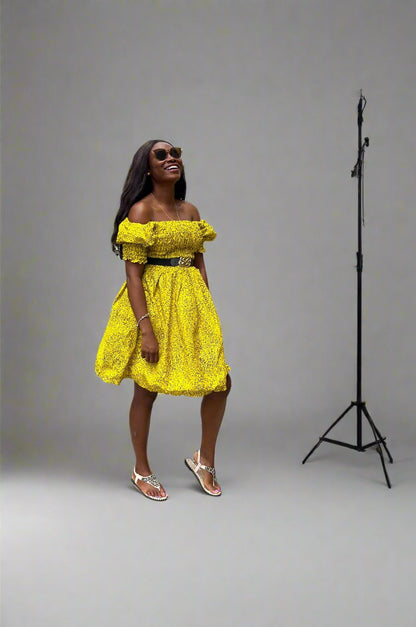 The Rika Ankara African Print Off Shoulder Bardot Dress Yellow
